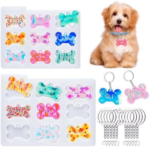 LET'S RESIN Pet Tag Resin Molds Silicone, Cat Dog Tag Molds for Epoxy Resin & UV Resina 2'' & 1.7'', Bone Shape Resina Keychain Molds with 10Pcs Key Ring & 10pcs Jump Ring, DIY Keychain Pendant Crafts by LETSRESIN