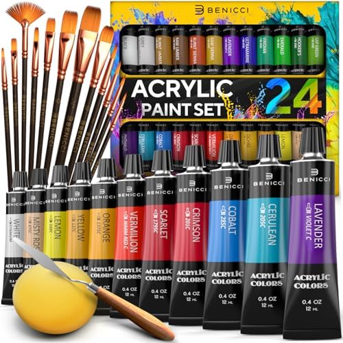 Complete Acrylic Paint Set – 24х Rich Pigment Colors – 12x Art Brushes with Bonus Paint Art Knife & Sponge – for Painting Canvas, Clay, Ceramic & Crafts, Non-Toxic & Quick Dry – for Kids & Adults by BENICCI