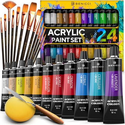 Complete Acrylic Paint Set – 24х Rich Pigment Colors – 12x Art Brushes with Bonus Paint Art Knife & Sponge – for Painting Canvas, Clay, Ceramic & Crafts, Non-Toxic & Quick Dry – for Kids & Adults by BENICCI