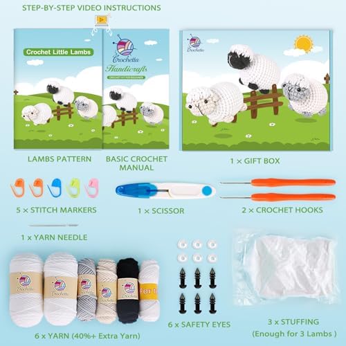 Crochet Kit for Beginners, Crochet Starter Kit with Step-by-Step Video Tutorials, Amigurumi Crochet DIY Knitting Supplies for Teenagers Adults, 3-Pack Little Lambs (40%+ Yarn) - Image 2