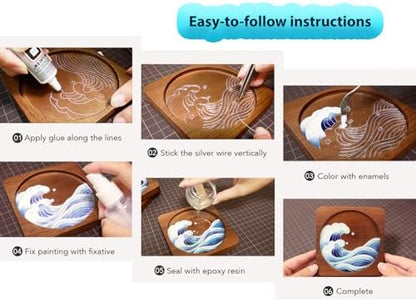Cloisonne Kit, DIY Coasters Craft Kits, Filigree Enamel Art, Great Waves - Image 3