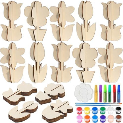 Mykzarpnix Wooden Flower Painting Kit, 12 Unfinished Wood 3D Flowers to Paint, DIY Spring Craft Set for Adults and Family, Blank Tulip Wood Cutouts for Home Decor, Tabletop Mantel Display by Unknown