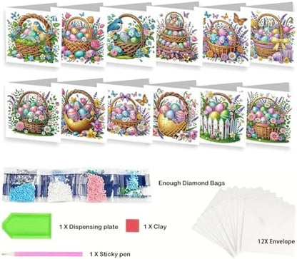 Diamond Painting Greeting Cards 12 Pack Easter Egg Basket DIY Kit with Special Shaped Rhinestones and Envelopes, Handmade Craft for Adults, Spring Holiday Gift Set - Image 6