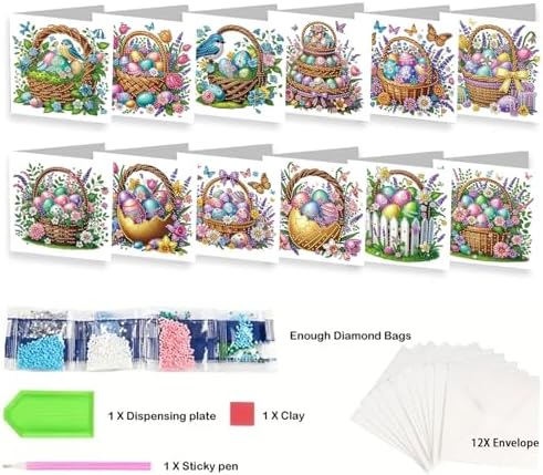 jinglinhh 12pcs Easter Egg Basket Diamond Art Painting Greeting Cards with Envelopes, DIY Card Making Kits for Adults, Diamond Art Christmas Cards for Birthday Holiday Postcards Craft Gifts - Image 3