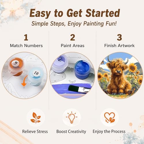 AUKELHJ Framed Paint by Numbers Kit for Adults, Highland Cow, 10x10 inch - Image 6