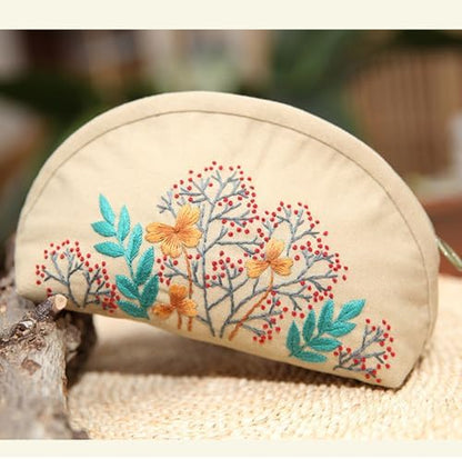 FONNUY Embroidery Kit Makeup Bag for Beginners, Flowers Pre-Stamped Pattern Handbag Coin Purses Making Kits for Adults with Hoop, Easy to Follow Color Thread Needlework (Beige) - Image 5