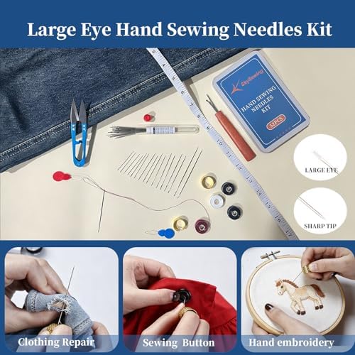Skysewing 52PCS Large Eye Hand Sewing Needles Kit with Metal Box, Mini Sewing Kit with Threaders, Thimbles, Seam Ripper, Portable Sewing Repair Kit for Adults Beginner Travel Clothing Repair Home Use - Image 4