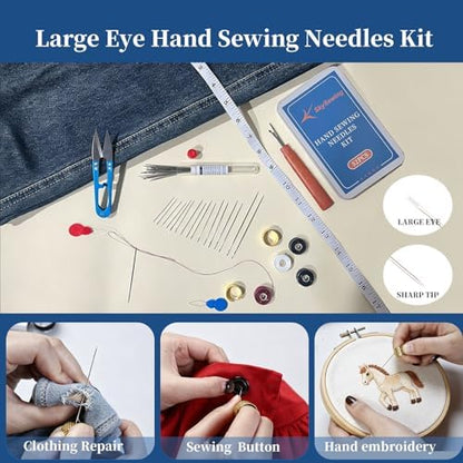 Skysewing 52PCS Large Eye Hand Sewing Needles Kit with Metal Box, Mini Sewing Kit with Threaders, Thimbles, Seam Ripper, Portable Sewing Repair Kit for Adults Beginner Travel Clothing Repair Home Use - Image 4