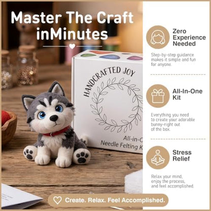 FACE N FACE DIY Needle Felting Kit Cute Siberian Husky Puppy – Needle Felting Starter Kit with Fiber Roving, Needles, Felting Pad & Instructions | Felted Dog Kit for Beginners Adults | DIY Craft Gift - Image 3