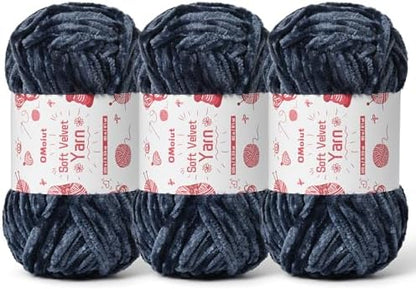 3x100g Fluffy Velvet Chenille Yarn for Crocheting and Knitting, 3x87.4yd Baby Yarn for Crocheting Soft, Crochet Chunky Yarns Amigurumi Yarns (3 Navy Blue) by OMoiut