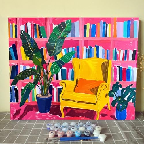 Bohemia Book Theme Paint by Numbers Kits for Adult Yellow Sofa Paint by Numbers Kits Botanical Acrylic Paint by Numbers Kits on Canvas Perfect for Gift Home Wall Decor DIY Framed 16x20 Inch by Aihonmin