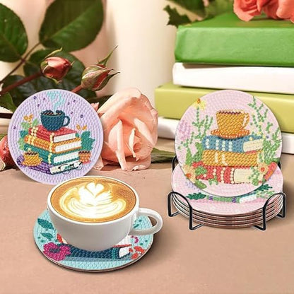 8 Pcs Book Diamond Art Coasters Kit - DIY 5D Diamond Painting Coasters with Holder, Mini Diamonds Arts Kits for Adults Coaster with Cork Pads, Gem Arts Dots Painting Crafts Supplies for Home Decor - Image 5