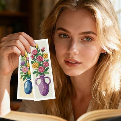 INFUNLY 6PCS Cross Stitch Bookmark Kit for Adults Flower Vase Stamped Embroidery Bookmark Kit with Backing Felt Floss Instruction for Book Lovers Readers - Image 7