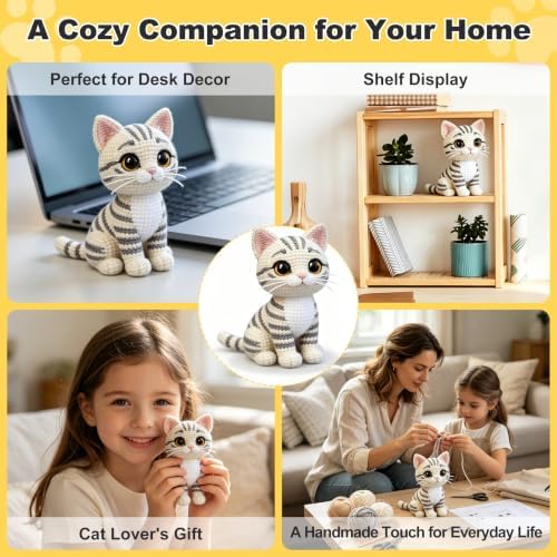 Morcolplus Realistic Cat Crochet Kit for Adults, Intermediate Amigurumi Crochet Kit with Step-by-Step Video Tutorials and All Materials Included, DIY Gift for Cat Lovers (Light Gray) - Image 4