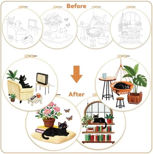 BEUNITONE 4 Set Embroidery Kit for Beginners, Daily Life of Cats Patterns Cross Stitch Kits, Needlepoint Kits for Adults with Hoop, Cute Hand Embroidery Patterns for Cloth and Home Decor - Image 4