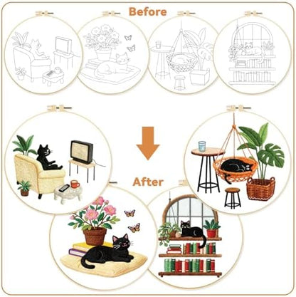 BEUNITONE 4 Set Embroidery Kit for Beginners, Daily Life of Cats Patterns Cross Stitch Kits, Needlepoint Kits for Adults with Hoop, Cute Hand Embroidery Patterns for Cloth and Home Decor - Image 4