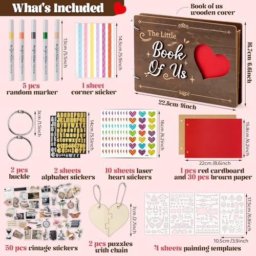 CY2SIDE Valentine's Day Couple Photo Album Scrapbook - 111PCS The Little Book of Us Wooden Album Scrapbook Kit for Lovers with Heart Puzzle Brown Paper Sticker and Template for DIY Dating Anniversary - Image 2