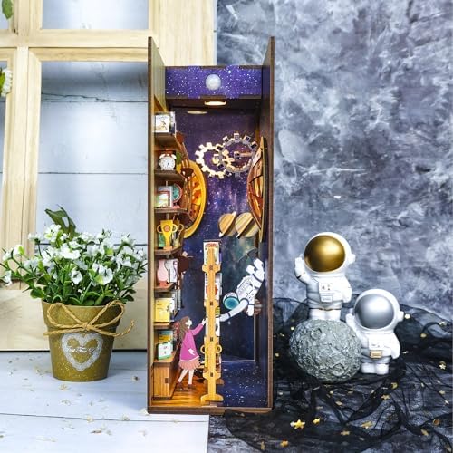Tonecheer DIY Book Nook Kit for Adults,3D Wooden Puzzle Bookend Bookshelf Insert Library Decor, Booknook Miniature House Kit with Body Motion Sensor LED Light（Interstellar） - Image 3