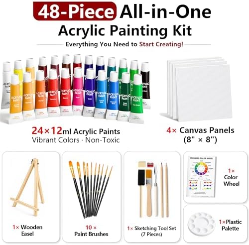 MISUMISO Acrylic Paint Kit for Beginners, 24 Colors Complete Painting Set with 4 Canvas Panels, 10 Brushes, Wooden Easel, Palette & Art Supplies, All-in-One Paint Set for Adults & Teens - Image 3