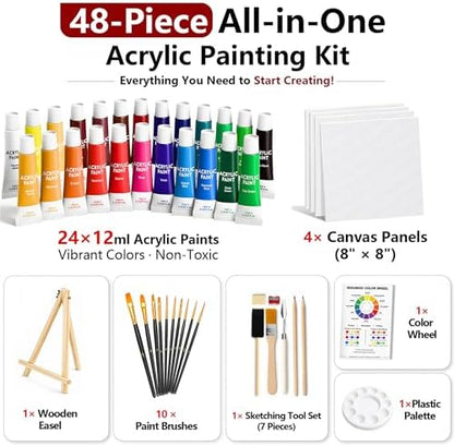 MISUMISO Acrylic Paint Kit for Beginners, 24 Colors Complete Painting Set with 4 Canvas Panels, 10 Brushes, Wooden Easel, Palette & Art Supplies, All-in-One Paint Set for Adults & Teens - Image 3