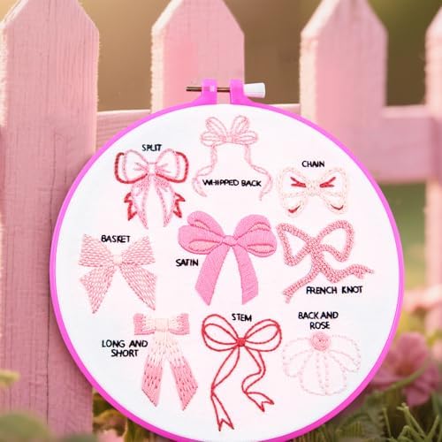 Pink Bowknot Embroidery Kits for Beginners Adults, Cute Hand Embroidery Starter Kits, Counted Cross Stitch Kits for Beginners DIY Craft Kits for Adults Women, Embroidery Hoops, Thread & Video Tutorial - Image 2