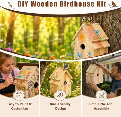 Bird House Kit, Large DIY Wooden Birdhouse Kits Including Paints and Brushes, Arts and Crafts Painting Kits for Kids, for Garden Yard Decor Gifts - Image 5