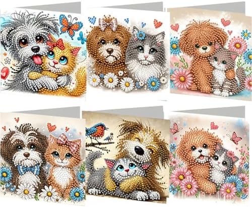 jinglinhh 6pcs Diamond Art Painting Cats and Dogs Hugging Greeting Cards with Envelopes, DIY Card Making Kits for Adults, Diamond Art Postcards Christmas Cards Craft Gifts by Unknown