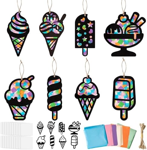 CJiangpo 24 Sets Summer Ice Cream Suncatcher Paper Craft Kits, DIY Stained Glass Effect Window Ornament Rainbow Tissue Paper Art Craft for Kids Classroom Activities Supplies Summer Party Decor Favor by CJiangpo