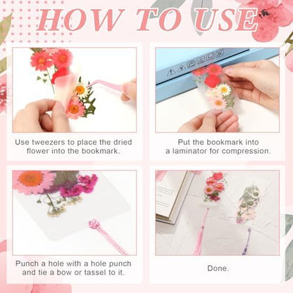 AmazingSpark 222 Pcs Dried Flower Bookmark Kit with Tassels, Pink - Image 3
