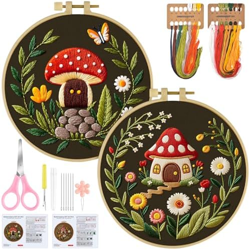 ERKOON Embroidery Kit for Beginners, 2 Set Flower Cross Stitch Set Include Embroidery Cloth Hoops Threads for Craft Lover Hand Stitch with Embroidery Skill Techniques (Mushroom) by ERKOON