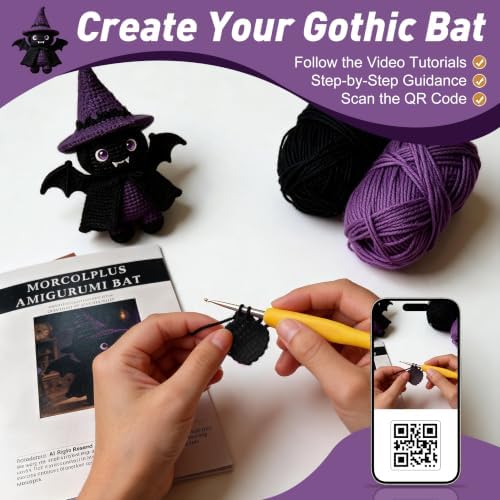 Morcolplus Bat Crochet Kit for Adults, Intermediate Gothic Amigurumi Crochet Kit with Step-by-Step Video Tutorials and All Materials Included, Gothic Room Decor Gift - Image 5