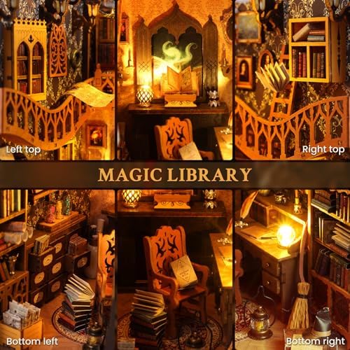 Book Nook Kit Magic Library DIY 3D Puzzle Wooden Dollhouse with LED Lights - Image 4