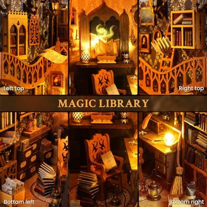 Book Nook Kit Magic Library DIY 3D Puzzle Wooden Dollhouse with LED Lights - Image 4