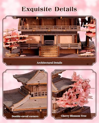 Rolife 3D Wooden Puzzle Sakura Pavilion, DIY Japanese Architecture Model & Miniature House Building Kit for Adults, 235PCS Wood Craft Puzzle, Cherry Blossom Home Decor for Teens and Adults - Image 4