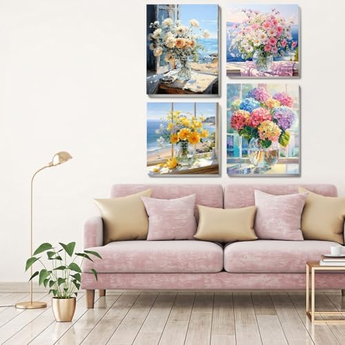 4 pack Flower Paint by Numbers Kit for Adults Beginner With Framed,Flowers Easy Adult Paint by Number Kits on Canvas DIY Painting for Beginners Art by Numbers for Home Wall Decor 10x12-10x10 Inch - Image 7