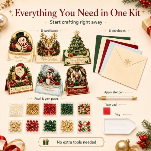 6 Pcs Diamond Art Christmas Ornaments, DIY Pearl Art Kits for Adults with Greeting Cards & Envelopes, 3D Rhinestone Painting Craft for Holiday Gift Making, Christmas Card Decorating Kit - Image 4