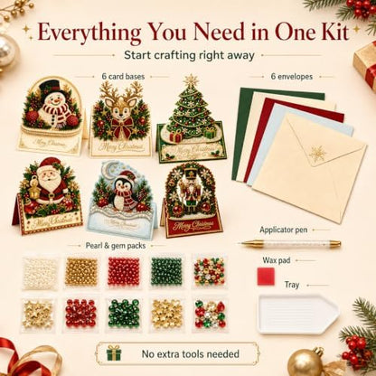 6 Pcs Diamond Art Christmas Ornaments, DIY Pearl Art Kits for Adults with Greeting Cards & Envelopes, 3D Rhinestone Painting Craft for Holiday Gift Making, Christmas Card Decorating Kit - Image 4