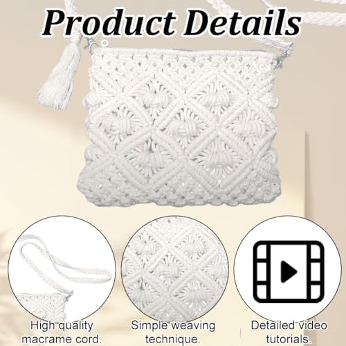 WEBEEDY DIY Macrame Bag Making Kit for Adults Beginners White Boho Cross Body Bag Kit with 109 Yards 3mm Macrame Cord, Video Tutorials, Handmade Purse Making for Holiday Birthday Gift Beach Decor - Image 3