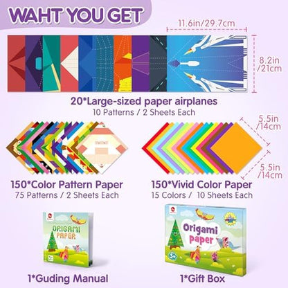 Mocoosy 320 Sheets Origami Kit for Kids Ages 5-8 9-12, Folding Paper Set with Origami Book & Paper Airplane, DIY Art Craft Project for Boys Girls, Travel Game Airplane Car Road Trip Activity Toy Gift - Image 2