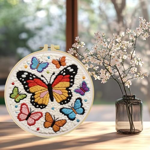 JOZYSH Punch Needle Embroidery Starter Kits for Beginners Cute Snow-White cat Curled up Comfortably on a Branch Adorned Hoops,Color Threads,Instructions and Needles,DIY Adults Embroidery (Butterfly) - Image 6