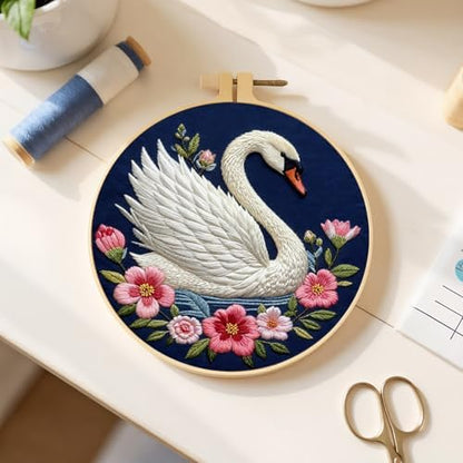FRANDEK DIY Flower Swan Stamped Embroidery Kit with Hoop for Adults - Image 5