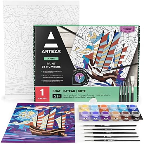 ARTEZA Paint by Number for Adults, 12x16 Inches, 21 Pieces, Boat Paint by Numbers Kit, Comes with 1 Canvas Panel, 12 Acrylic Paint Pots, 5 Paintbrushes, Art Supplies for Beginners & Hobby Painters by ARTEZA