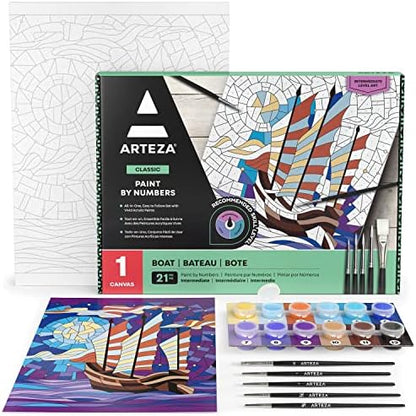ARTEZA Paint by Number for Adults, 12x16 Inches, 21 Pieces, Boat Paint by Numbers Kit, Comes with 1 Canvas Panel, 12 Acrylic Paint Pots, 5 Paintbrushes, Art Supplies for Beginners & Hobby Painters by ARTEZA