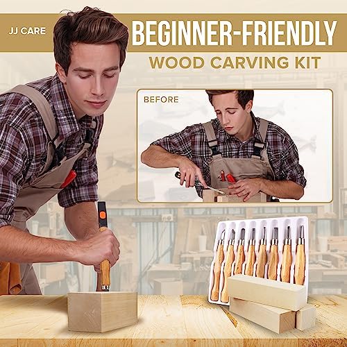 JJ CARE Wood Carving Kit [8 SK7 Carving Knives with Beechwood Handle, 10 Basswood Carving Blocks, Carrying Case, Whittling Book], Beginner Wood Carving Kit - Image 2