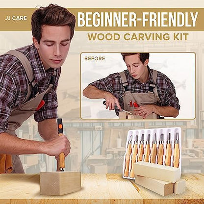 JJ CARE Wood Carving Kit [8 SK7 Carving Knives with Beechwood Handle, 10 Basswood Carving Blocks, Carrying Case, Whittling Book], Beginner Wood Carving Kit - Image 2