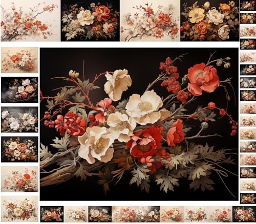 Decoupage Paper Pack (35 Sheets 6"x8") Antique Florals: Vintage-Inspired Floral Arrangements in Sepia, Ivory and Deep Red, Featuring Delicate Branches, Soft Shadows and Elegant Petal Textures FLONZ by FLONZCRAFT