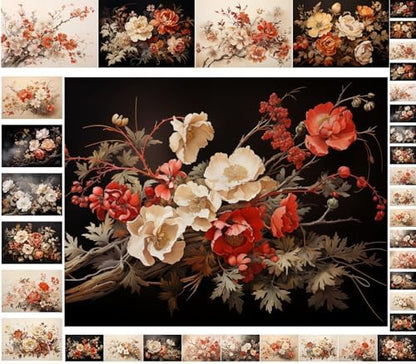 Decoupage Paper Pack (35 Sheets 6"x8") Antique Florals: Vintage-Inspired Floral Arrangements in Sepia, Ivory and Deep Red, Featuring Delicate Branches, Soft Shadows and Elegant Petal Textures FLONZ by FLONZCRAFT