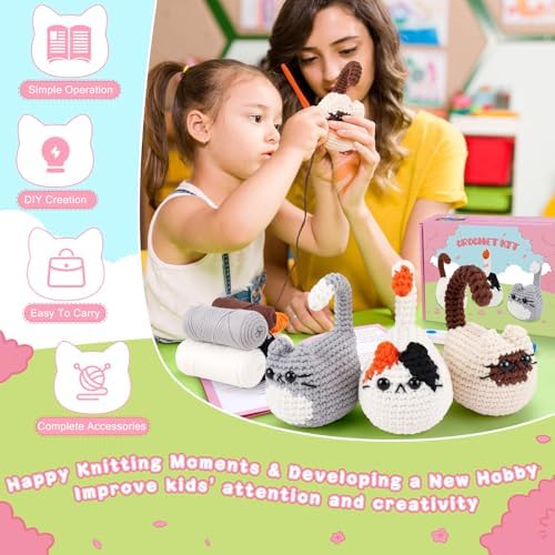 Cat Crochet Kit for Beginners-3PCS Cats Crochet Kits,Teacher Appreciation Gifts for Women, Crochet Starter Kit with Step-by-Step Video Tutorials,Crochet Animal Kits DIY Craft Learn to Crochet Kits - Image 4