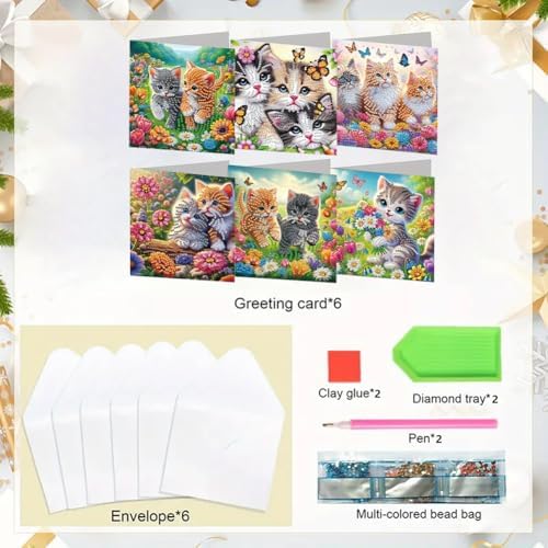 jinglinhh 6pcs Garden Cat Butterfly Sunflower Tulip Flowers Diamond Art Painting Greeting Cards with Envelopes, DIY Card Making Kits for Adults, Diamond Art Postcards Christmas Cards Craft Gifts - Image 3