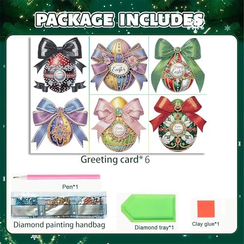 DIZAKIM 6-Piece Christmas-Themed Diamond Painting Greeting Cards Christmas Eve DIY Craft Kit Birthday Gift (Easter Egg) - Image 3